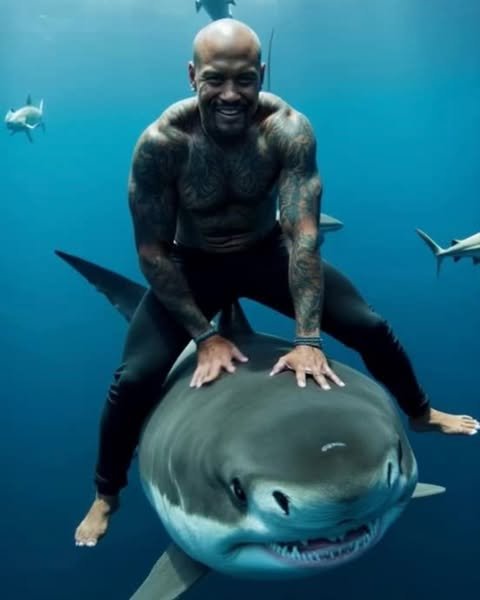 a man with a beard and tattoos on his chest, sitting on a shark shark