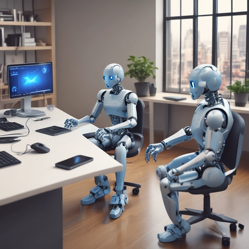 A small, round robot with a smooth white surface and blue accents operates a blue laptop on a sleek, floating platform. The robot has glowing eyes and an antenna on its head, with an 'AI' emblem on its front.